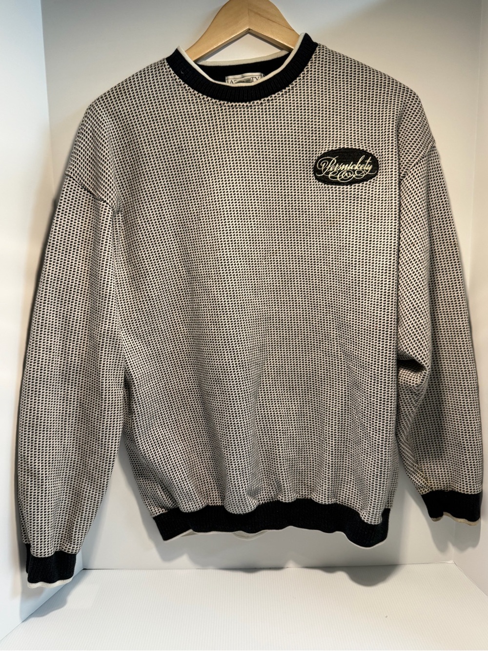 Vintage Ash City Black White Textured Cotton Knit Crewneck Sweater L (2 of 2)